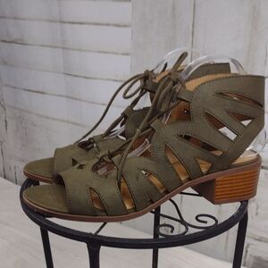 Olive Green Sandals with Cutout Design and Wooden Heel Size 11